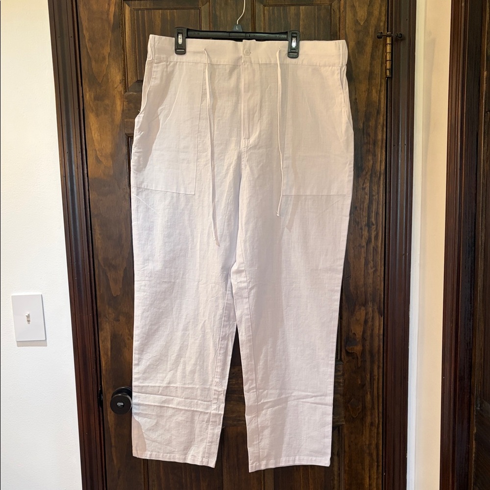 Men's Light Cream Drawstring Linen-Blend Trousers